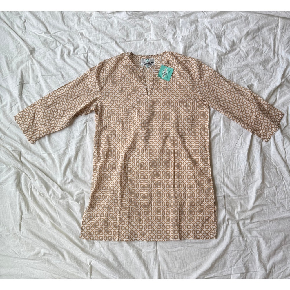 Charleston Shoe Co. Cotton Tunic Top Tan White Geometric Print Split Neck L NWT
